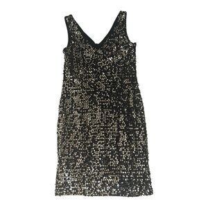 Black Gold Sequin Midi Dress Holiday Party Cocktail 12 AB By Studio Sleeveless